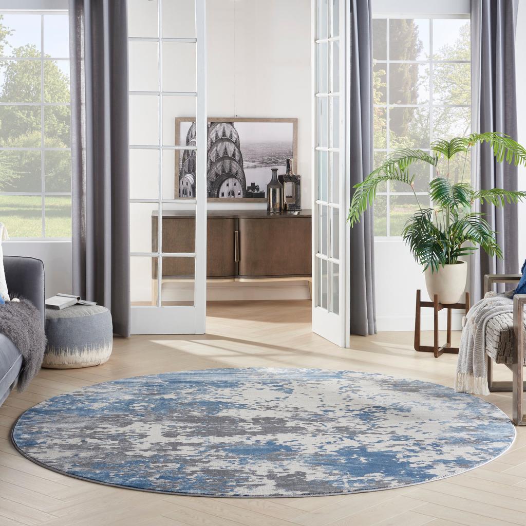 Nourison Home Rustic Textures RUS08 Grey Blue Grey/Blue Indoor Round Area Rug - Modern Power Loomed Machine Made Medium Pile