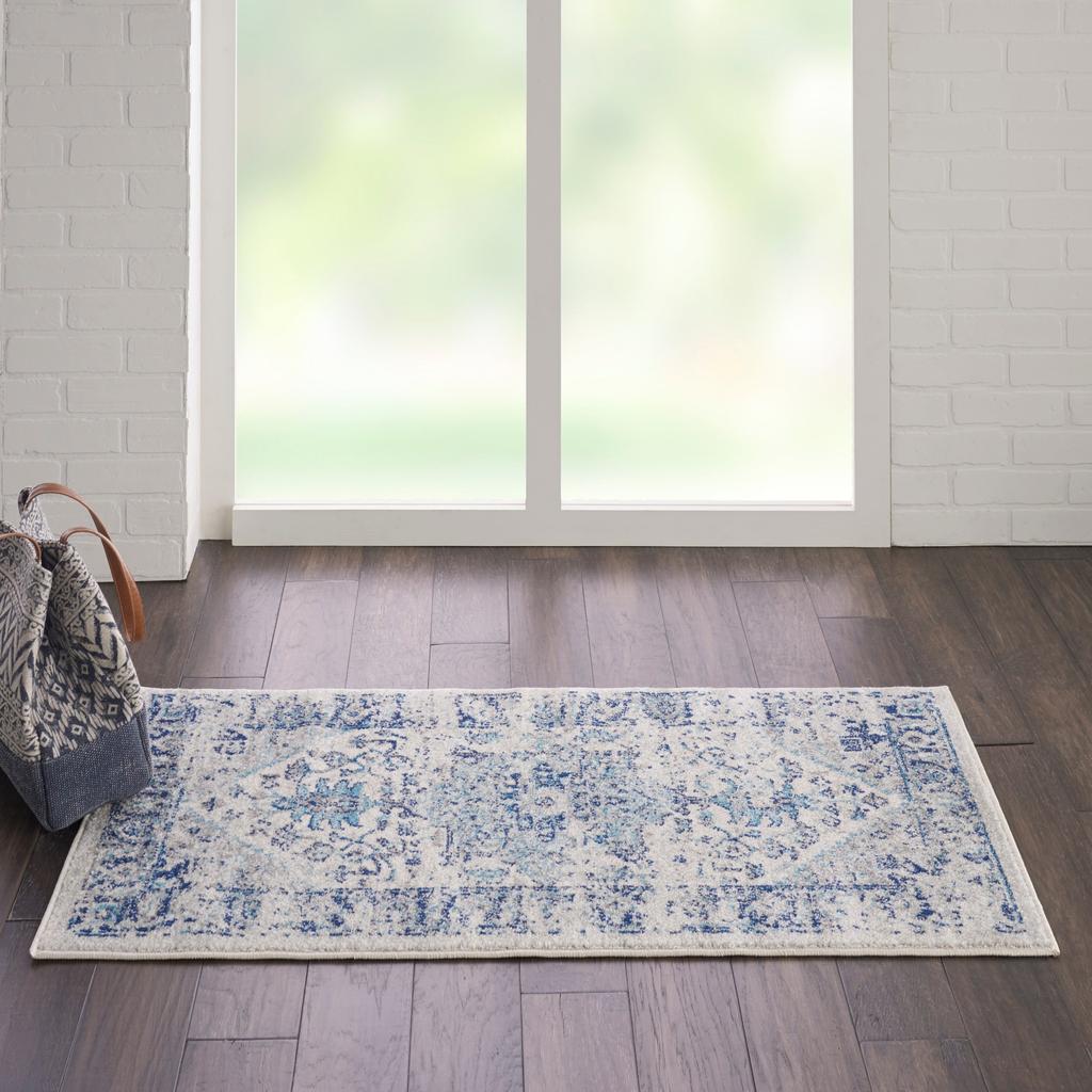 Nourison Home Tranquil TRA06 Navy Blue and White Ivory/Light Blue Indoor Rectangle Area Rug - Vintage Power Loomed Machine Made Medium Pile