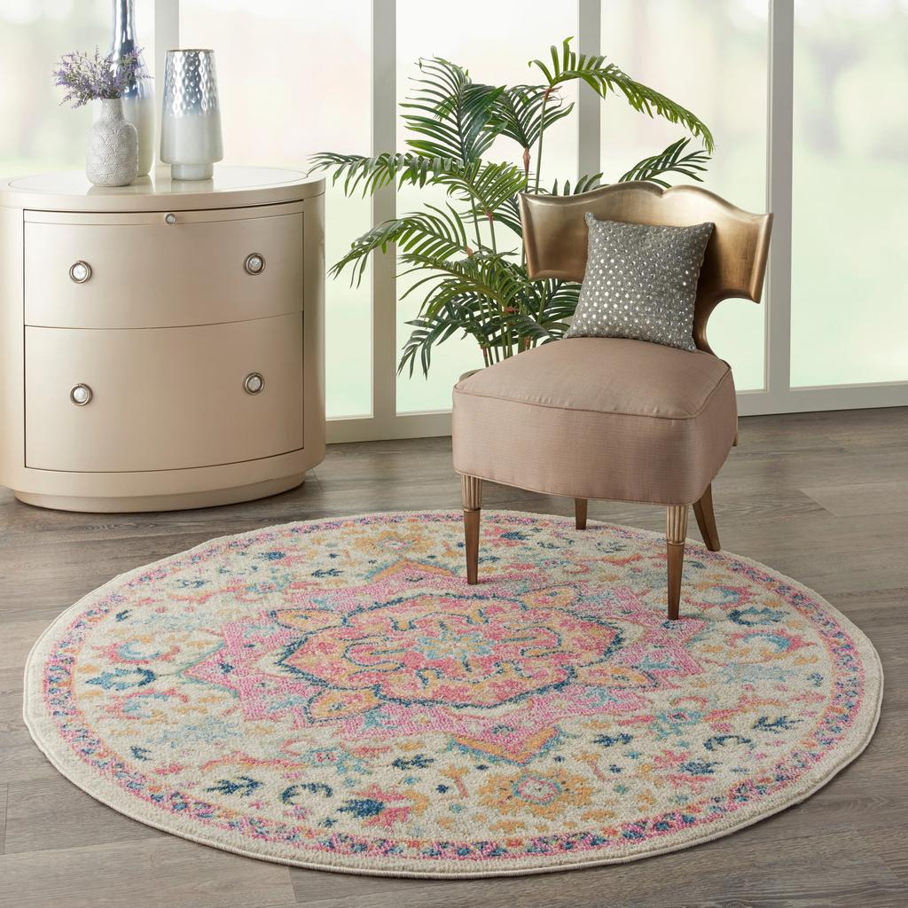 Nourison Home Passion PSN25 Ivory Pink Indoor Round Area Rug - Bohemian Power Loomed Machine Made Medium Pile