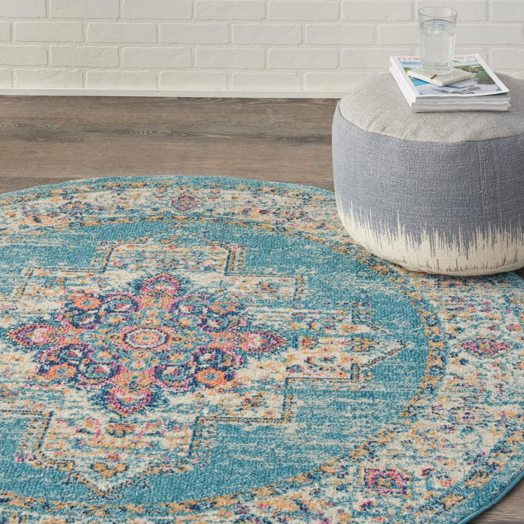 Nourison Home Passion PSN03 Light Blue Indoor Round Area Rug - Bohemian Power Loomed Machine Made Medium Pile