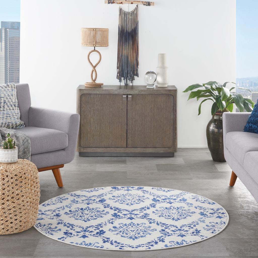Nourison Home Whimsicle WHS01 Ivory Navy Indoor Round Area Rug - Farmhouse Power Loomed Machine Made Low Pile