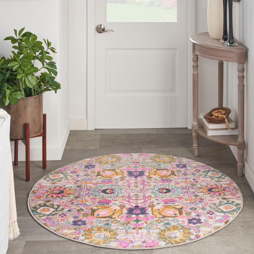 Nourison Home Passion PSN01 Pink and Grey Silver Indoor Round Area Rug - Bohemian Power Loomed Machine Made Medium Pile