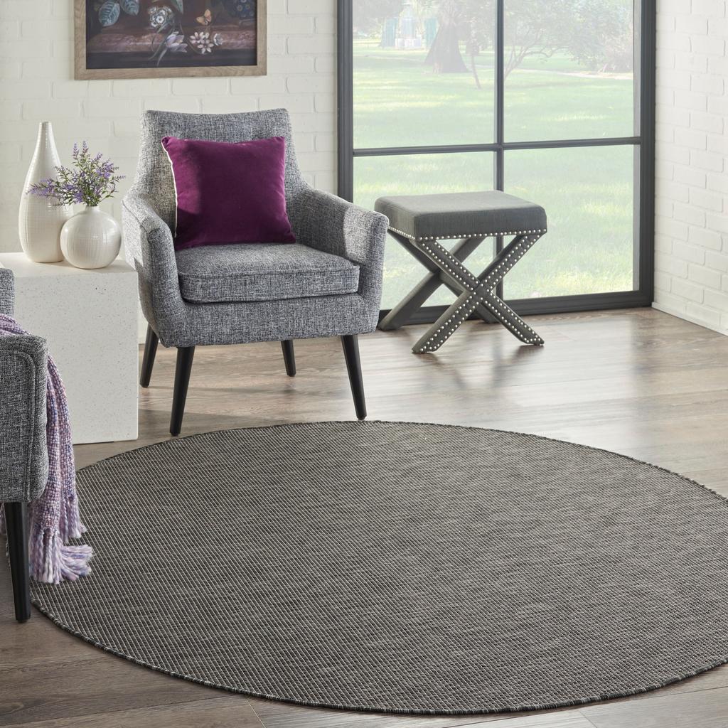 Nourison Home Positano POS01 Charcoal Indoor/Outdoor Round Area Rug - Modern Power Loomed Machine Made Low Pile
