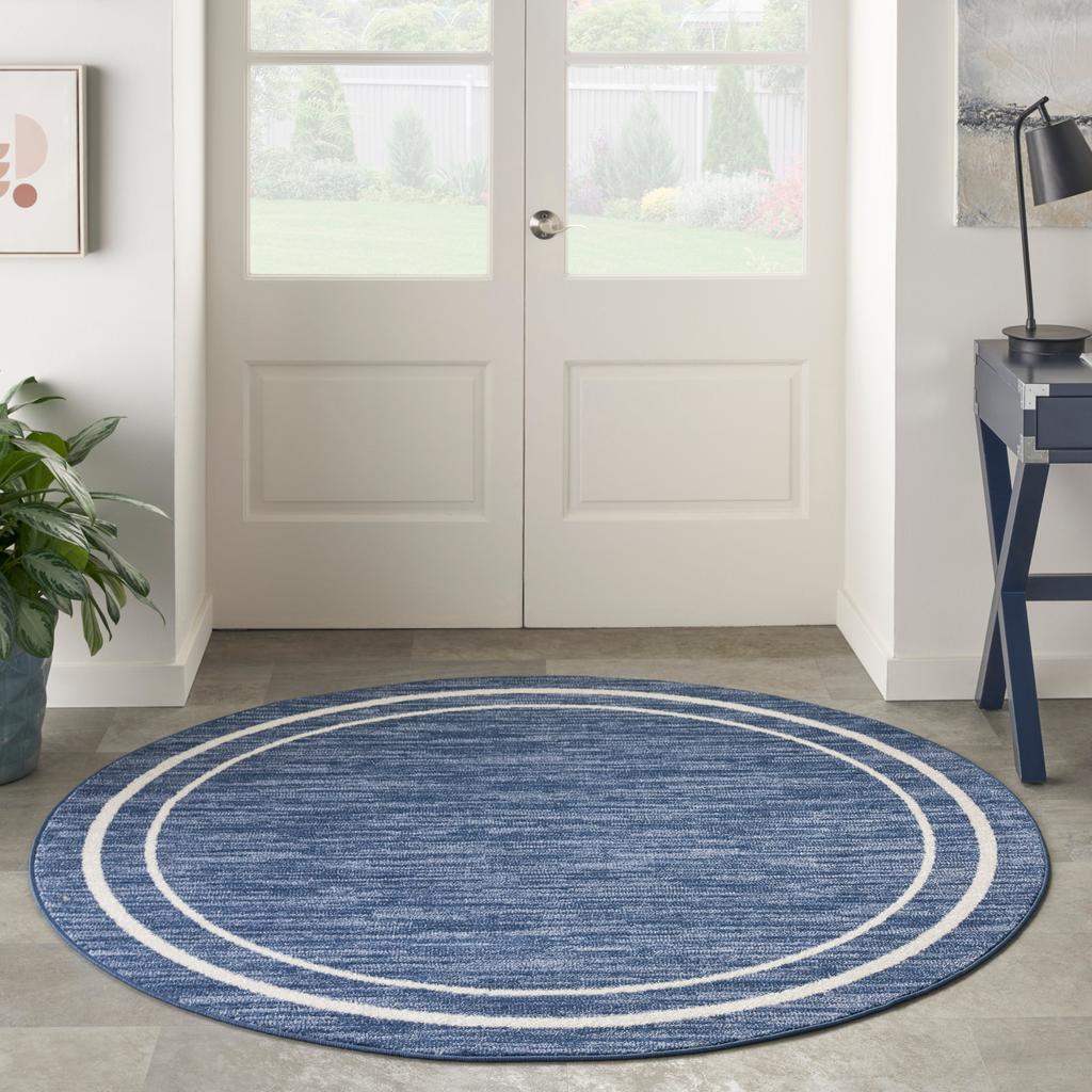 Nourison Home Nourison Essentials NRE02 Navy Ivory Navy/Ivory Indoor/Outdoor Round Area Rug - Contemporary Power Loomed Machine Made Low Pile