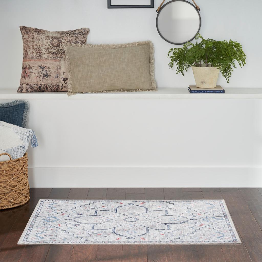 Nourison Home New Concept Washables SR110 Ivory Blue Indoor Rectangle Area Rug - Farmhouse Machine Woven Machine Made Low Pile