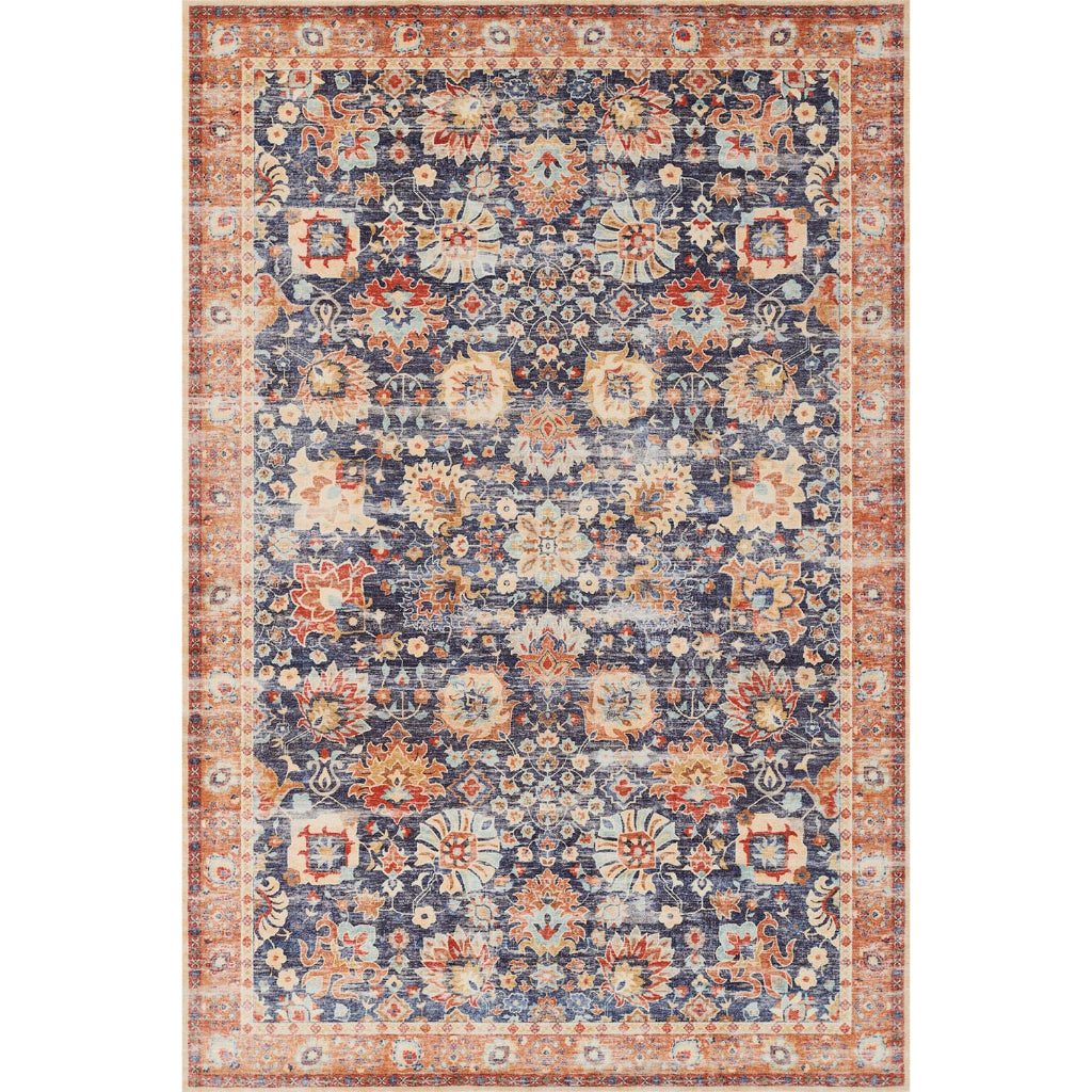 Momeni Sultana SLT-1 Navy Machine Woven Vintage Low Pile Area Rug & Runner - Traditional Rug Made of Polyester with Navy Blue & Orange Floral Design-