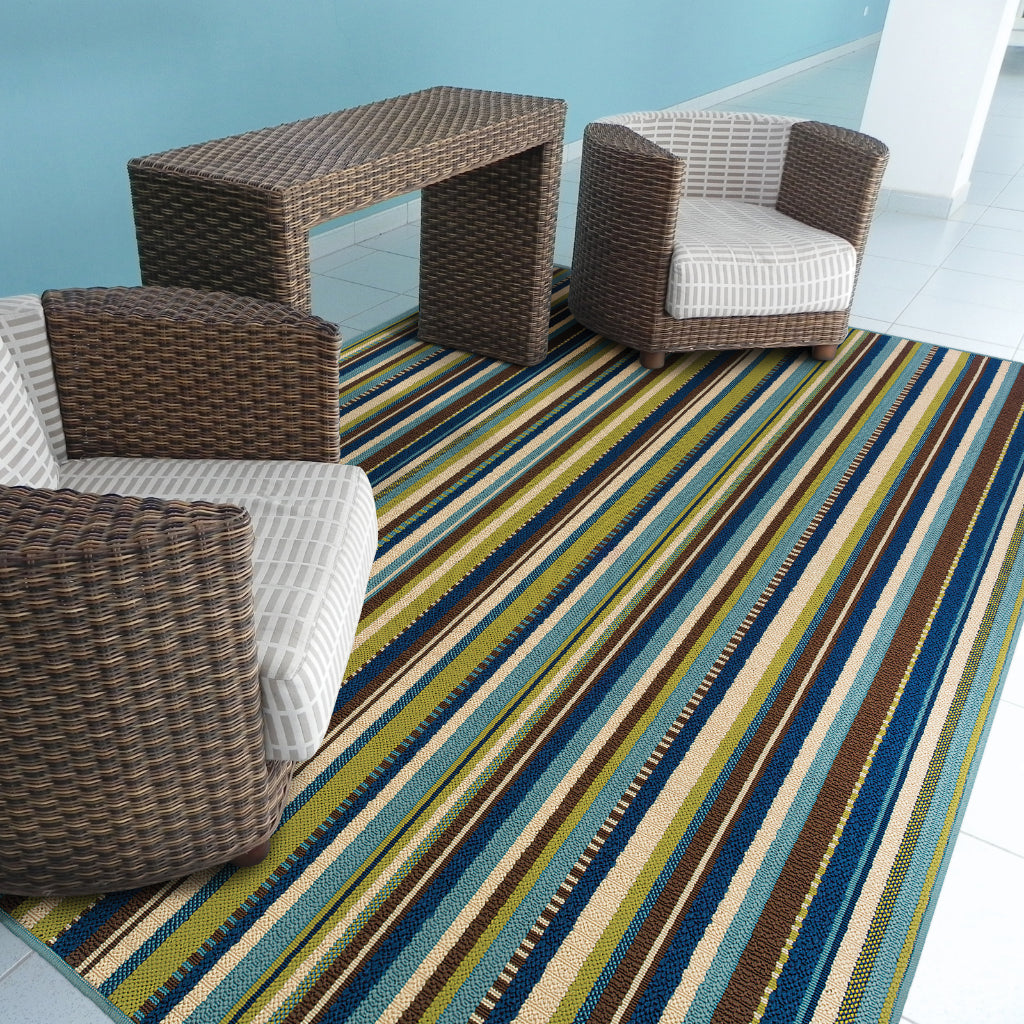 Oriental Weavers Caspian 1004X Blue/Brown Rectangle Indoor / Outdoor Area Rug - Durable Stain Resistant Machine Made Patio Rug with Striped Pattern-