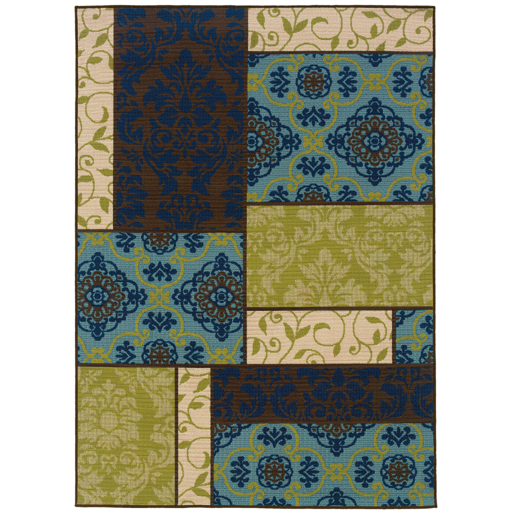 Oriental Weavers Caspian 3066V Brown/Blue Rectangle Indoor / Outdoor Area Rug - Durable Stain Resistant Machine Made Patio Rug with Patchwork Pattern-