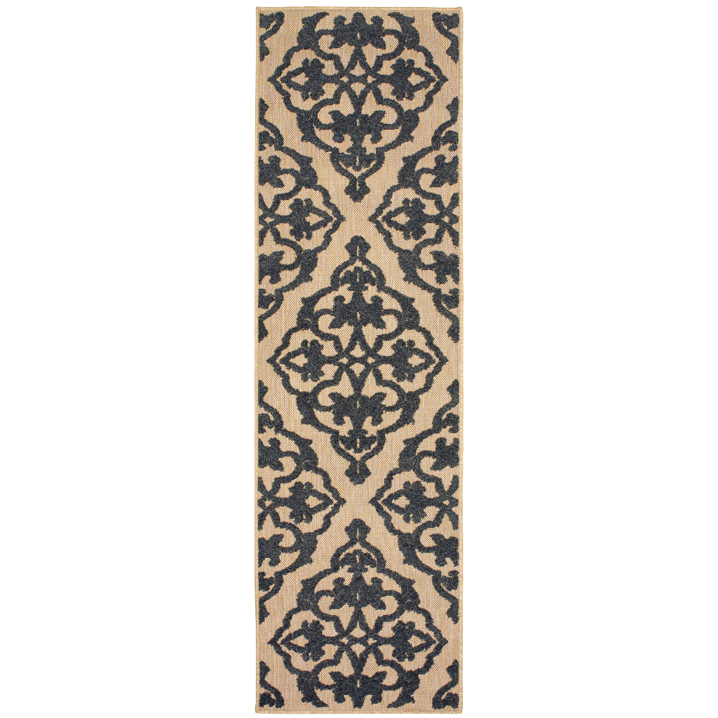Oriental Weavers Cayman 001B9 Sand/Charcoal Rectangle Indoor / Outdoor Runner - Stain Resistant Machine Made Entryway & Hallway Runner with Medallion Pattern-