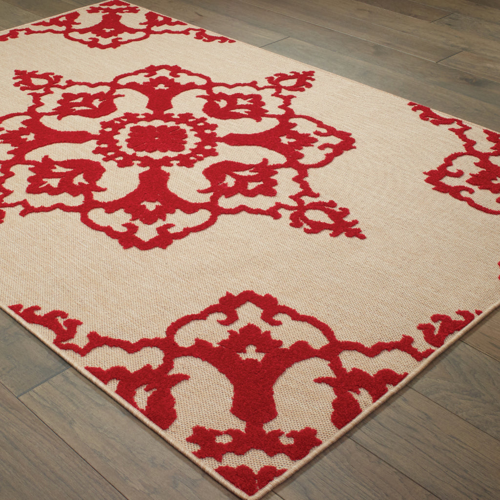 Oriental Weavers Cayman 097R9 Sand/Red Rectangle Indoor / Outdoor Area Rug - Stain Resistant Machine Made Patio Rug with Medallion Pattern-