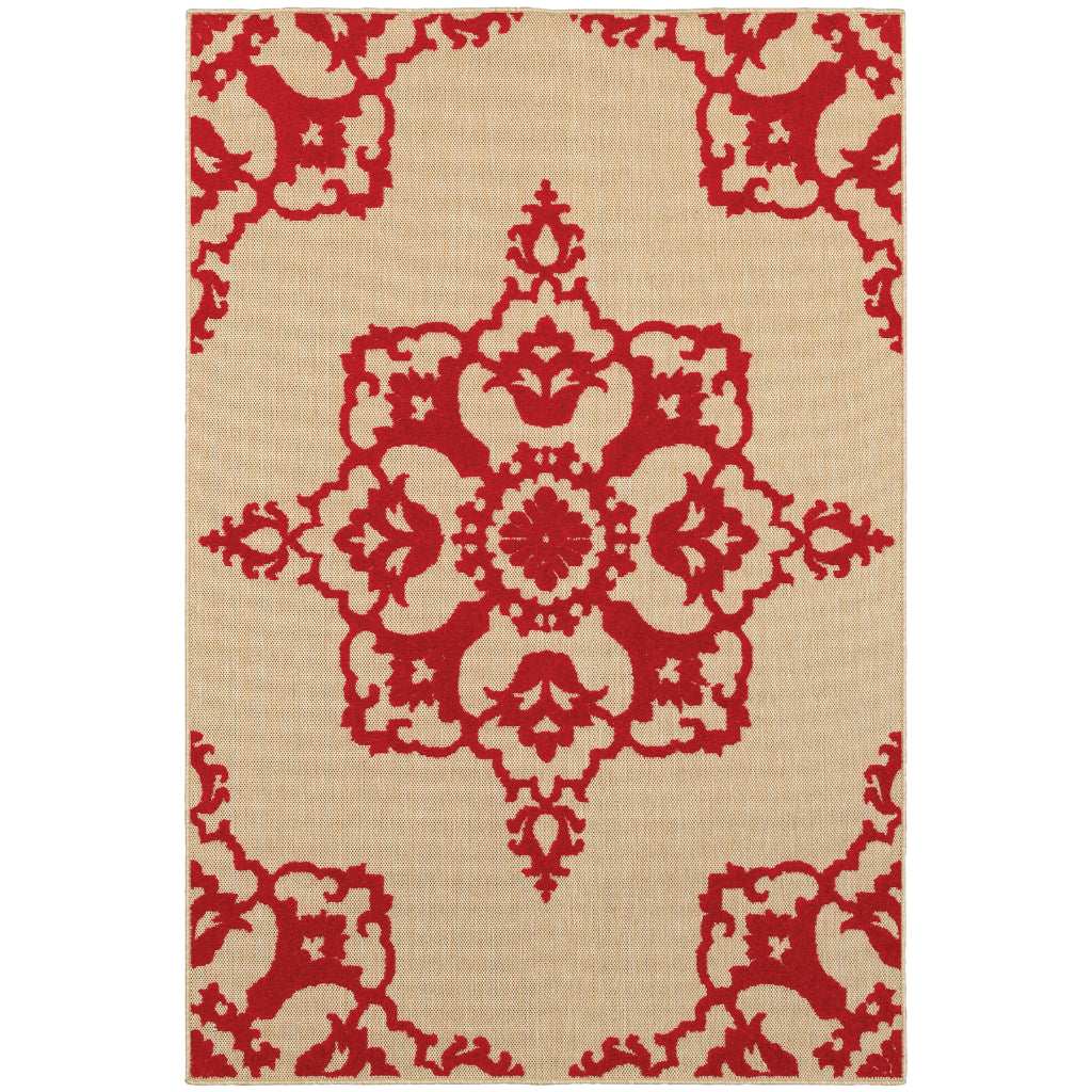 Oriental Weavers Cayman 097R9 Sand/Red Rectangle Indoor / Outdoor Area Rug - Stain Resistant Machine Made Patio Rug with Medallion Pattern-