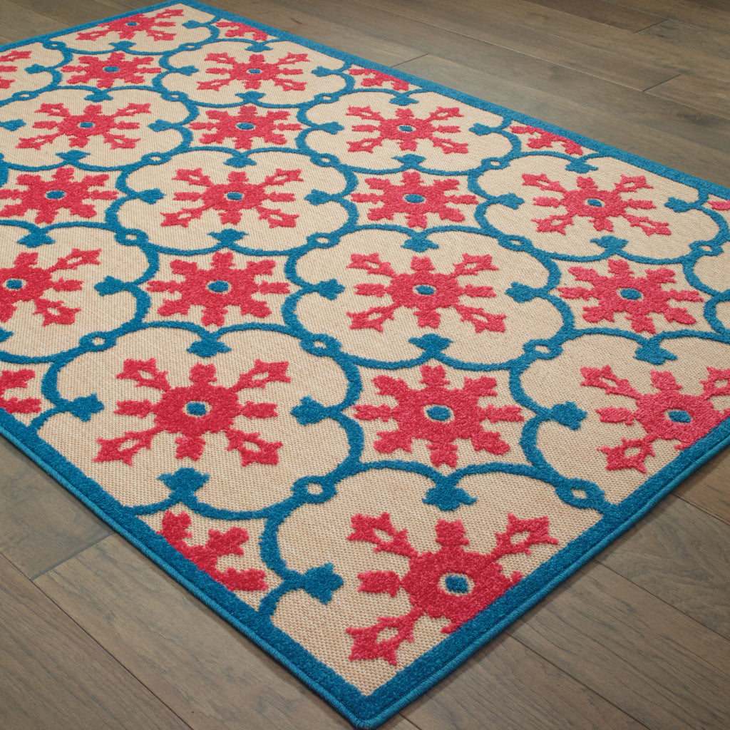 Oriental Weavers Cayman 190L9 Pink/Blue Rectangle Indoor / Outdoor Area Rug - Stain Resistant Machine Made Patio Rug with Medallion Pattern-