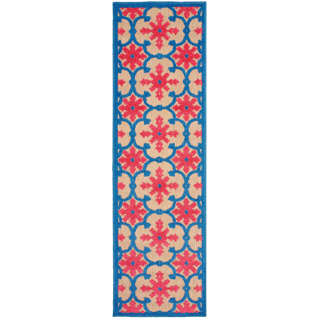 Oriental Weavers Cayman 190L9 Pink/Blue Rectangle Indoor / Outdoor Runner - Stain Resistant Machine Made Entryway & Hallway Runner with Medallion Pattern-