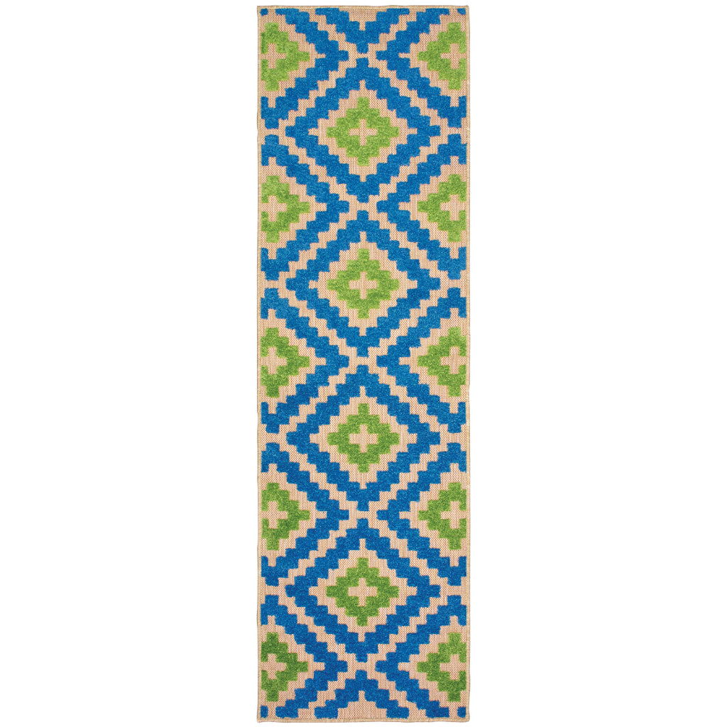 Oriental Weavers Cayman 2063Z Blue/Green Rectangle Indoor / Outdoor Runner - Stain Resistant Machine Made Entryway & Hallway Runner with Trellis Pattern-