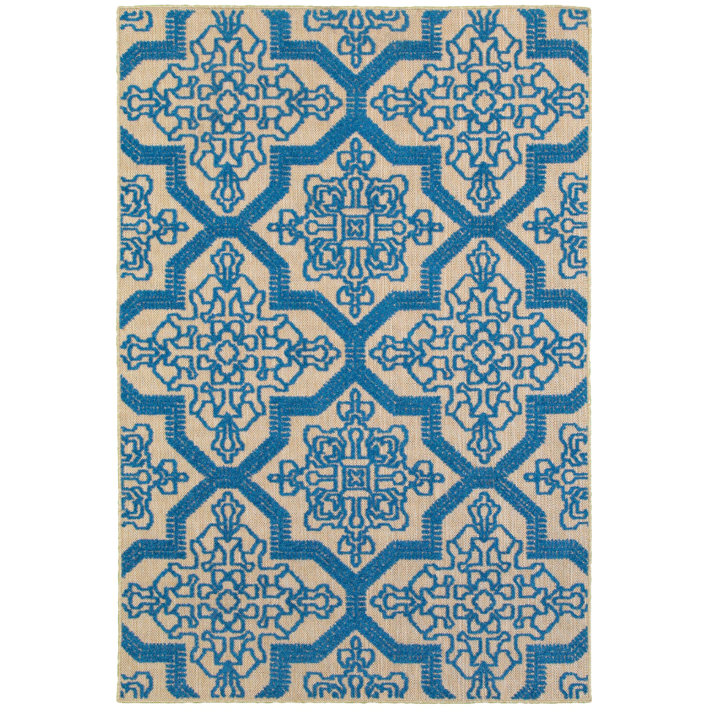 Oriental Weavers Cayman 2541M Sand/Blue Rectangle Indoor / Outdoor Area Rug - Stain Resistant Machine Made Patio Rug with Medallion Pattern-