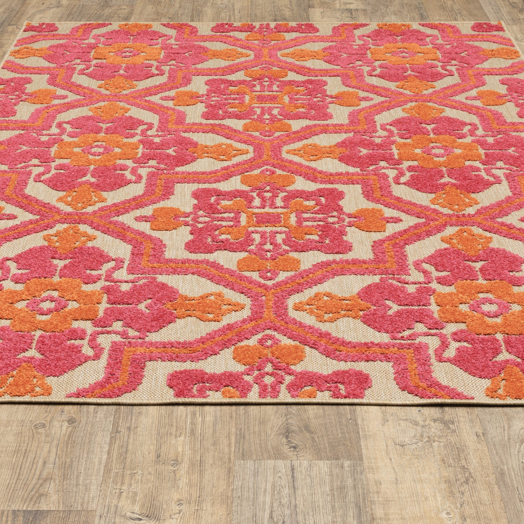 Oriental Weavers Cayman 2541V Sand/Pink Rectangle Indoor / Outdoor Area Rug - Stain Resistant Machine Made Patio Rug with Medallion Pattern-