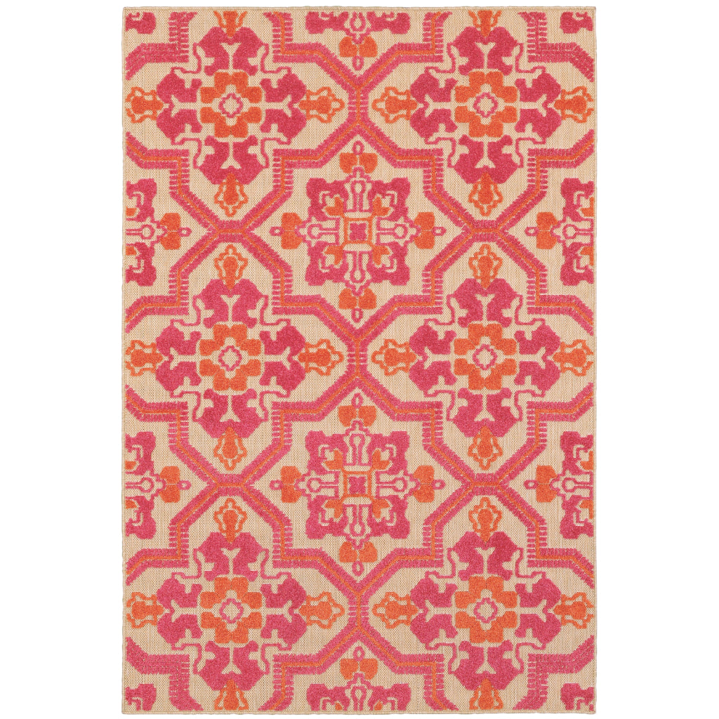 Oriental Weavers Cayman 2541V Sand/Pink Rectangle Indoor / Outdoor Area Rug - Stain Resistant Machine Made Patio Rug with Medallion Pattern-