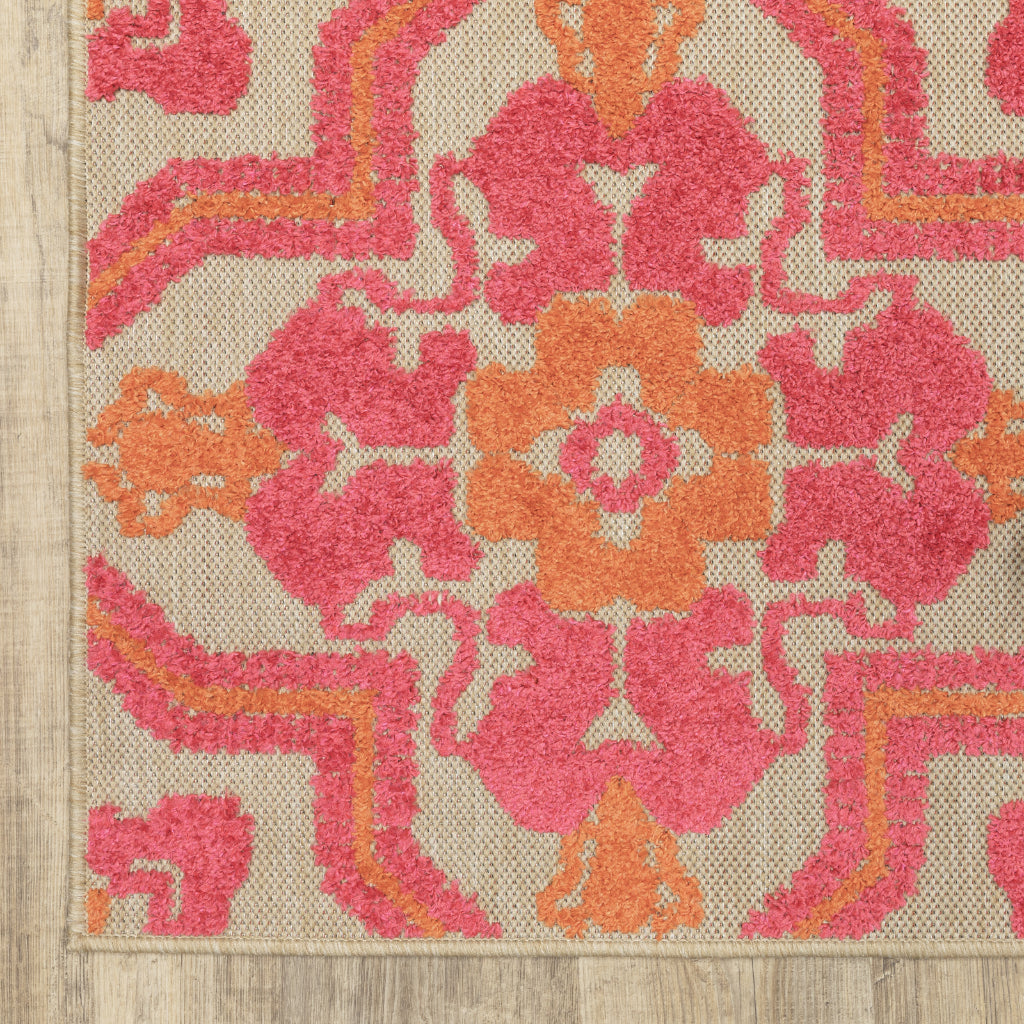 Oriental Weavers Cayman 2541V Sand/Pink Rectangle Indoor / Outdoor Runner - Stain Resistant Machine Made Entryway & Hallway Runner with Medallion Pattern-