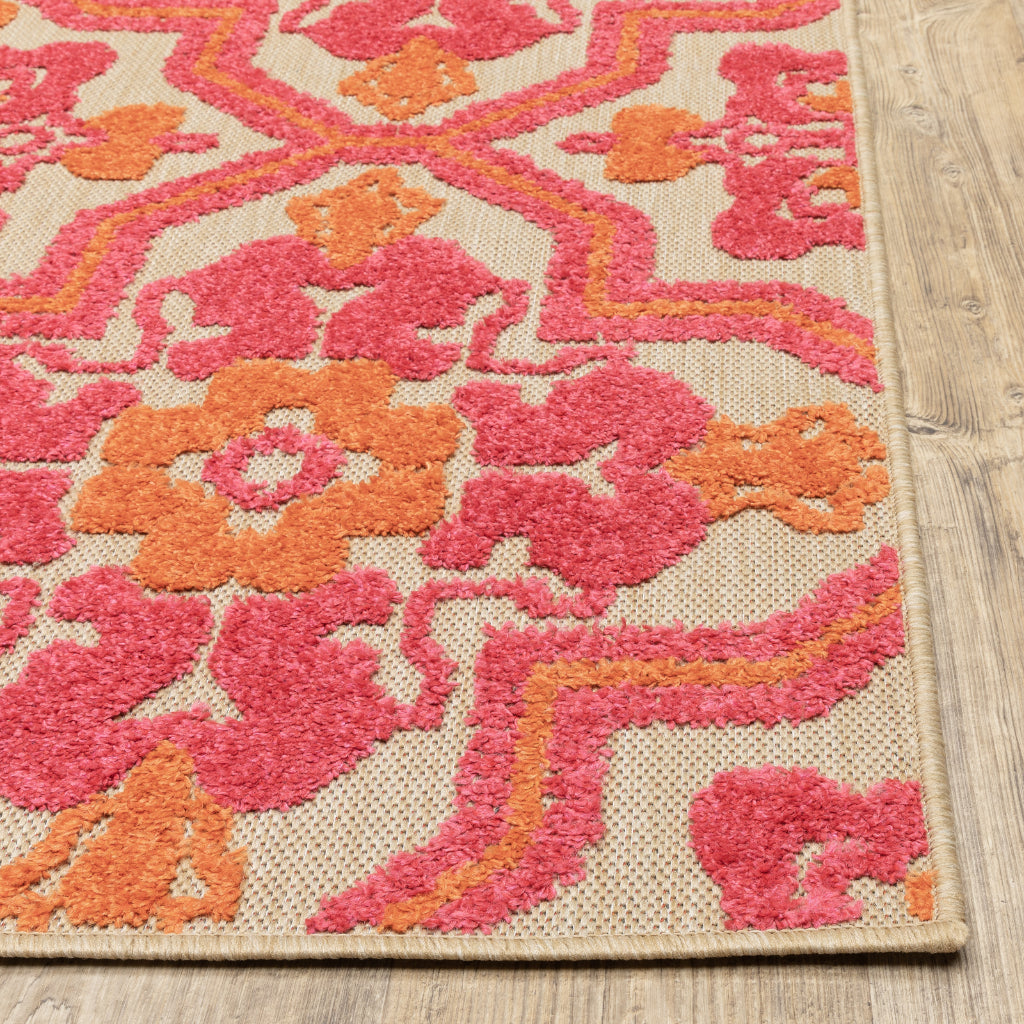 Oriental Weavers Cayman 2541V Sand/Pink Rectangle Indoor / Outdoor Runner - Stain Resistant Machine Made Entryway & Hallway Runner with Medallion Pattern-