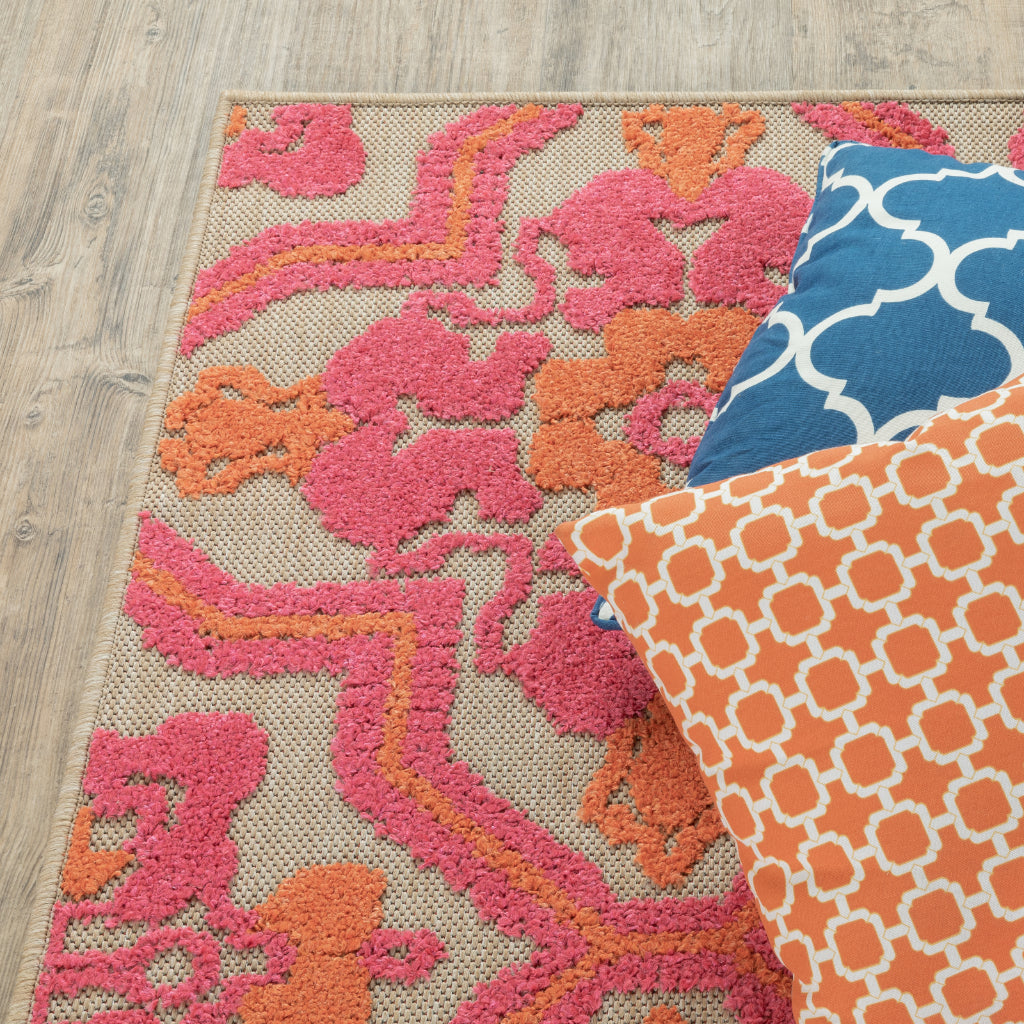 Oriental Weavers Cayman 2541V Sand/Pink Rectangle Indoor / Outdoor Runner - Stain Resistant Machine Made Entryway & Hallway Runner with Medallion Pattern-