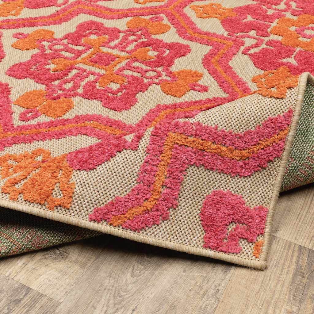 Oriental Weavers Cayman 2541V Sand/Pink Rectangle Indoor / Outdoor Runner - Stain Resistant Machine Made Entryway & Hallway Runner with Medallion Pattern-