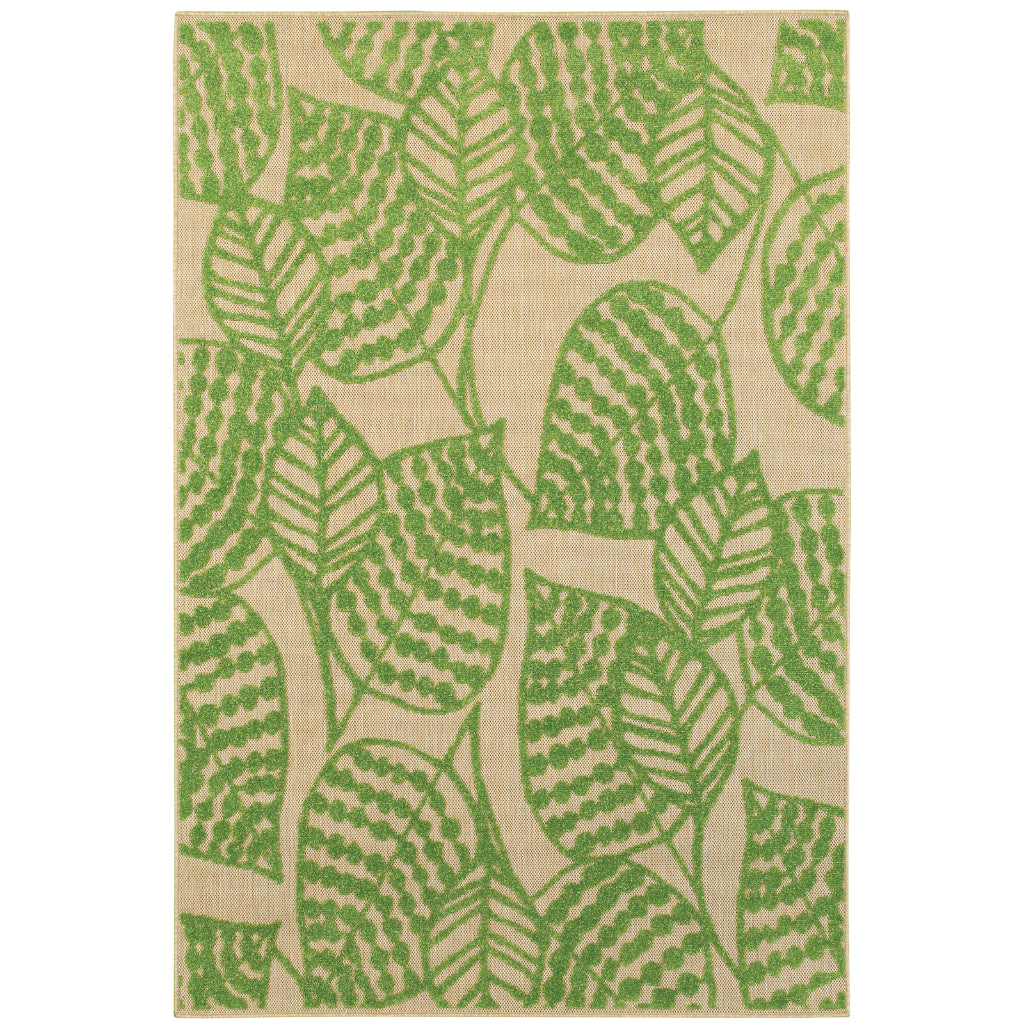 Oriental Weavers Cayman 566F9 Sand/Green Rectangle Indoor / Outdoor Area Rug - Stain Resistant Machine Made Patio Rug with Botanical Pattern-