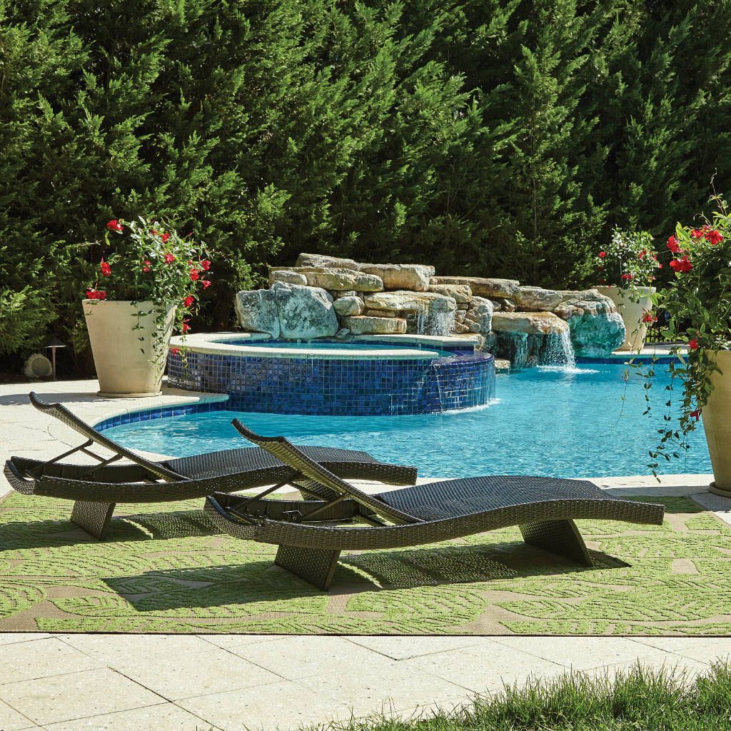 Oriental Weavers Cayman 566F9 Sand/Green Rectangle Indoor / Outdoor Area Rug - Stain Resistant Machine Made Patio Rug with Botanical Pattern-