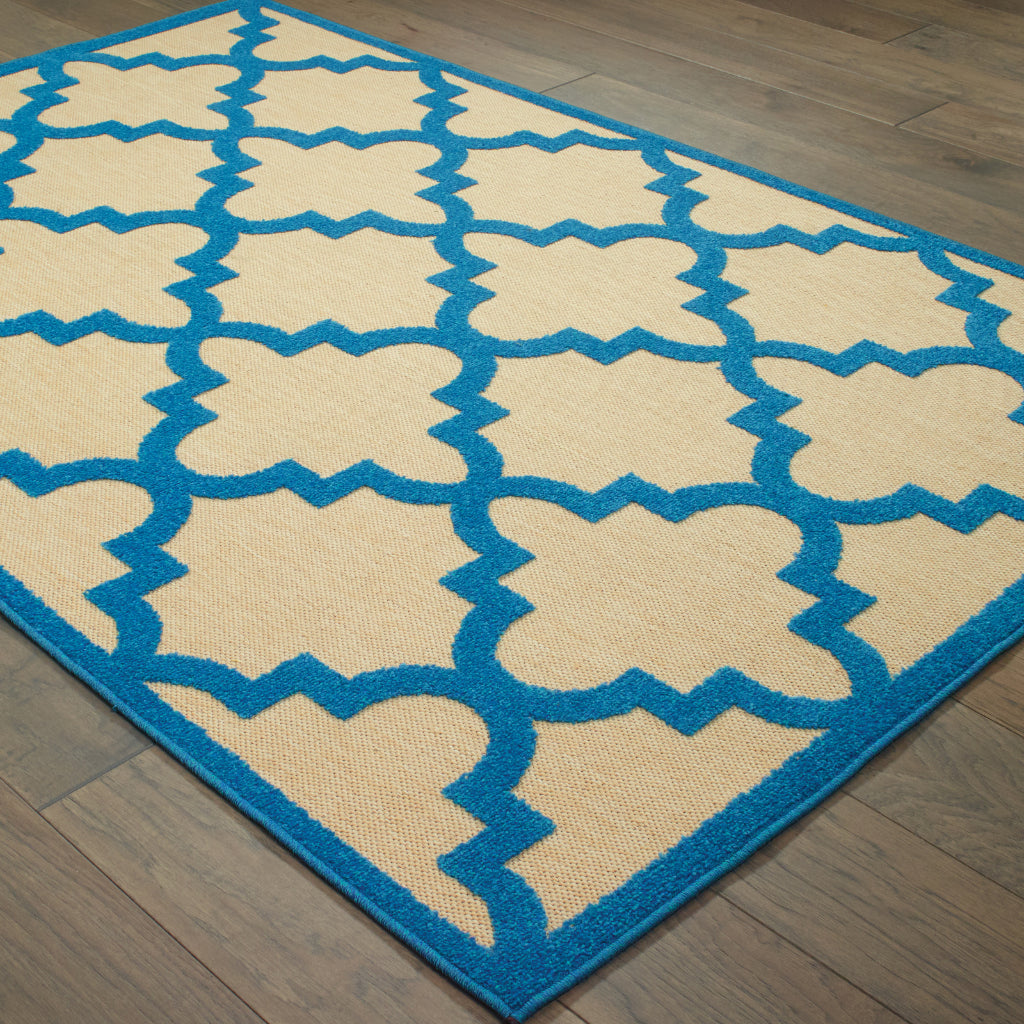 Oriental Weavers Cayman 660L9 Sand/Blue Rectangle Indoor / Outdoor Area Rug - Stain Resistant Machine Made Patio Rug with Trellis Pattern-