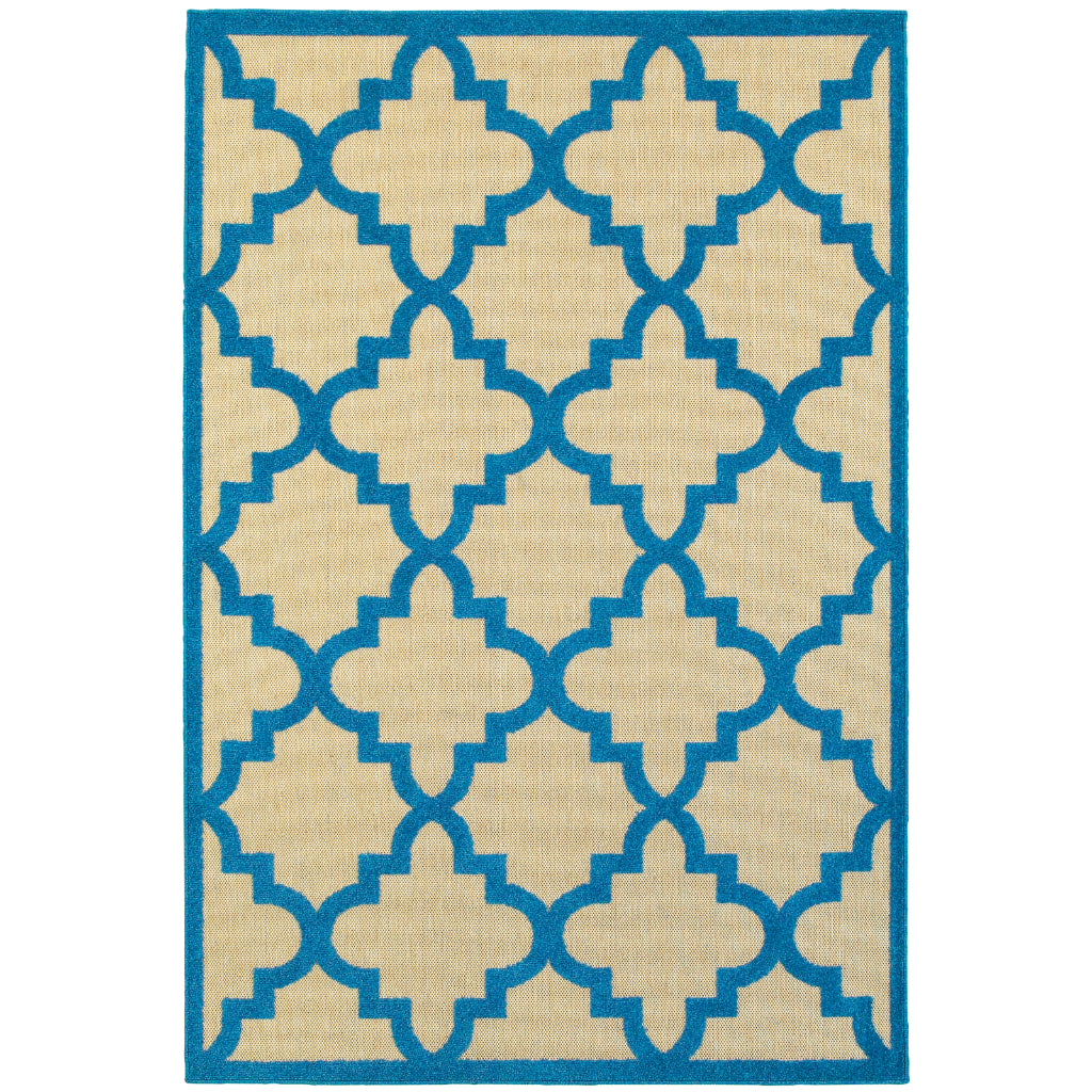 Oriental Weavers Cayman 660L9 Sand/Blue Rectangle Indoor / Outdoor Area Rug - Stain Resistant Machine Made Patio Rug with Trellis Pattern-