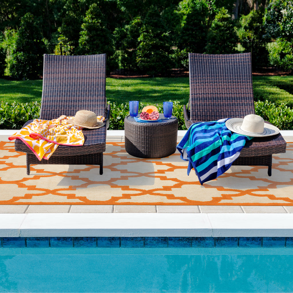 Oriental Weavers Cayman 660O9 Sand/Orange Rectangle Indoor / Outdoor Area Rug - Stain Resistant Machine Made Patio Rug with Trellis Pattern-