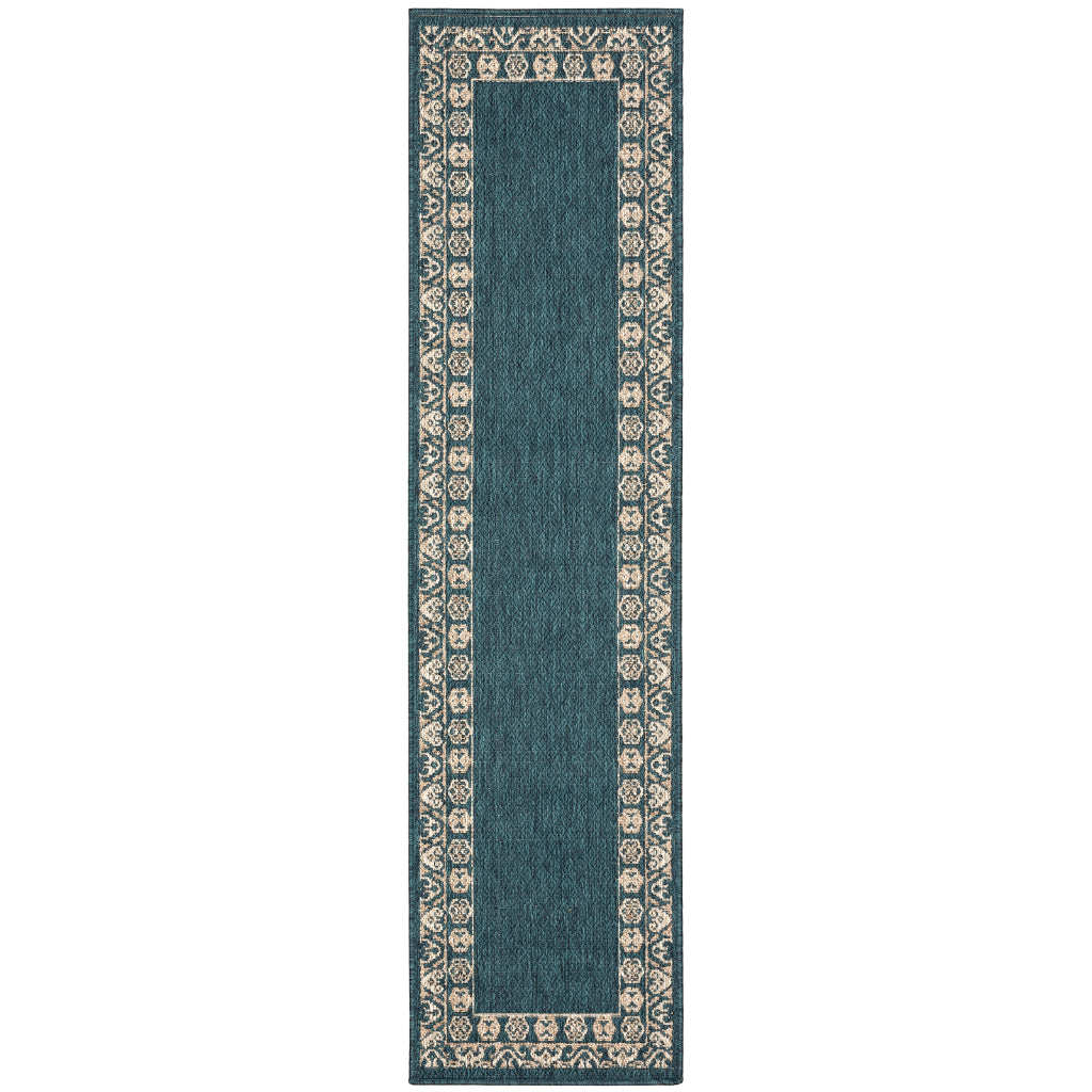 Oriental Weavers Latitude 1503B Teal/Grey Rectangle Indoor / Outdoor Runner - Stain Resistant Machine Made Entryway & Hallway Runner with Border Pattern-