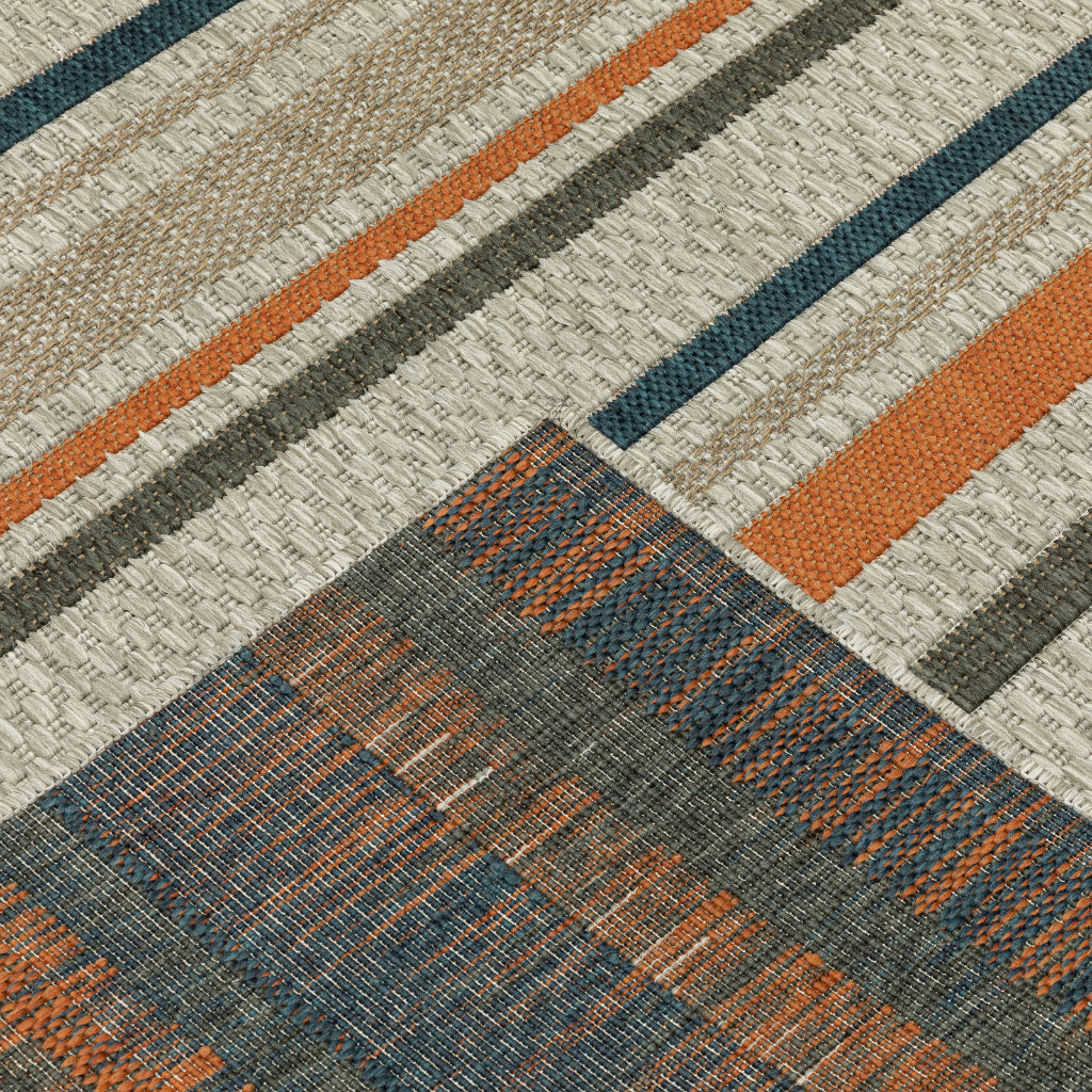 Oriental Weavers Latitude 602W3 Grey/Teal Rectangle Indoor / Outdoor Area Rug - Stain Resistant Machine Made Patio Rug with Geometric Pattern-