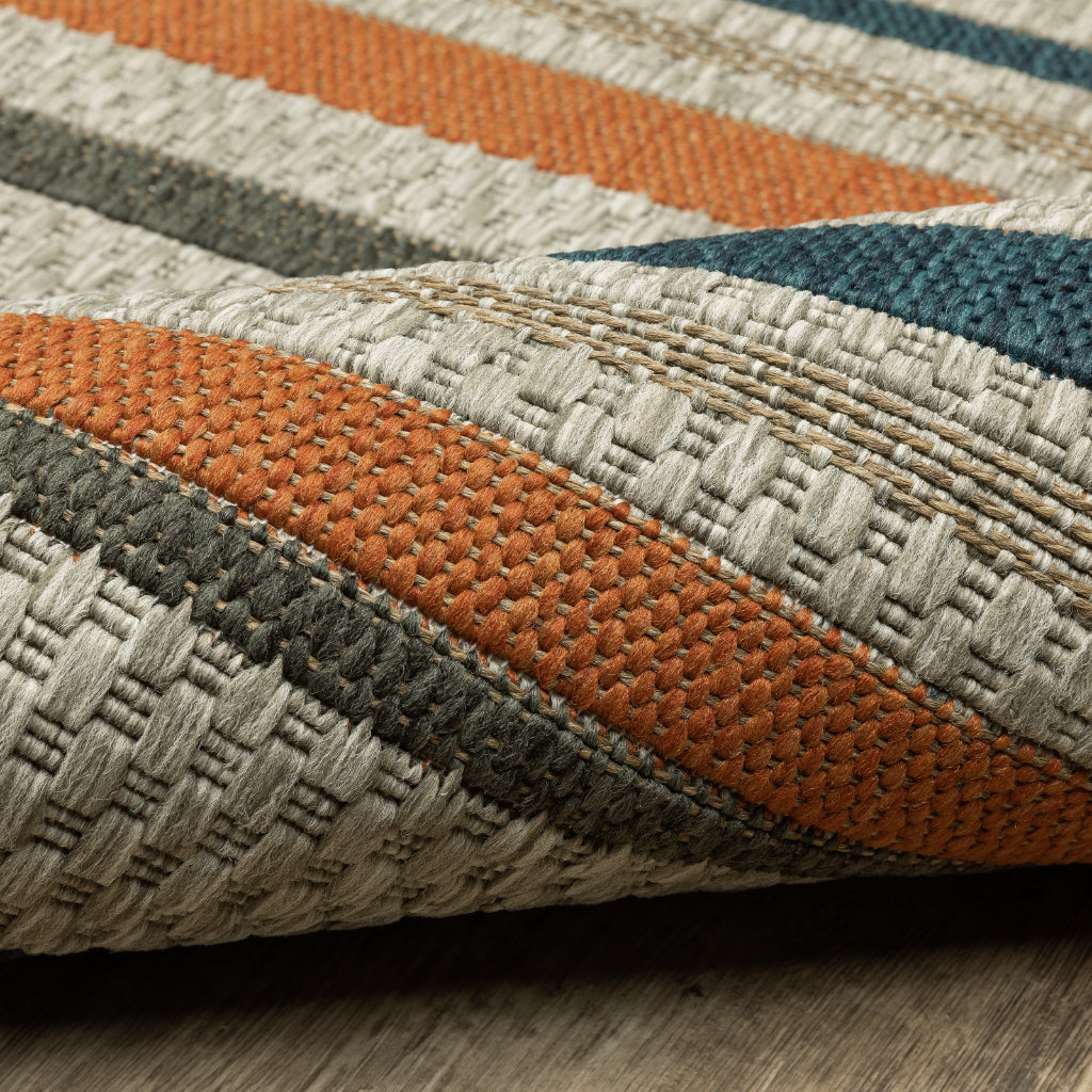 Oriental Weavers Latitude 602W3 Grey/Teal Rectangle Indoor / Outdoor Area Rug - Stain Resistant Machine Made Patio Rug with Geometric Pattern-