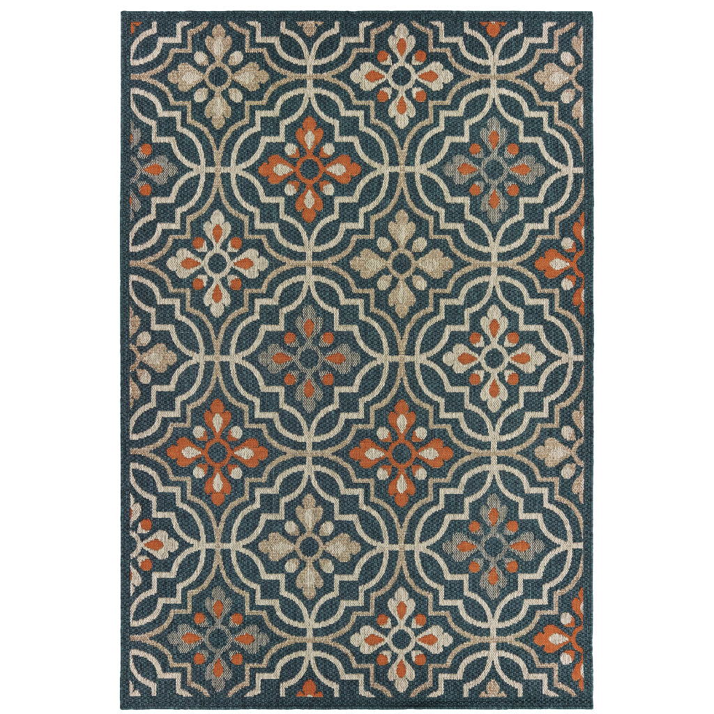 Oriental Weavers Latitude 709B3 Teal/Orange Rectangle Indoor / Outdoor Area Rug - Stain Resistant Machine Made Patio Rug with Floral Pattern-