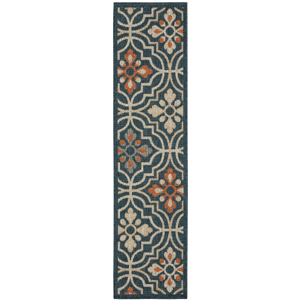 Oriental Weavers Latitude 709B3 Teal/Orange Rectangle Indoor / Outdoor Runner - Stain Resistant Machine Made Entryway & Hallway Runner with Floral Pattern-