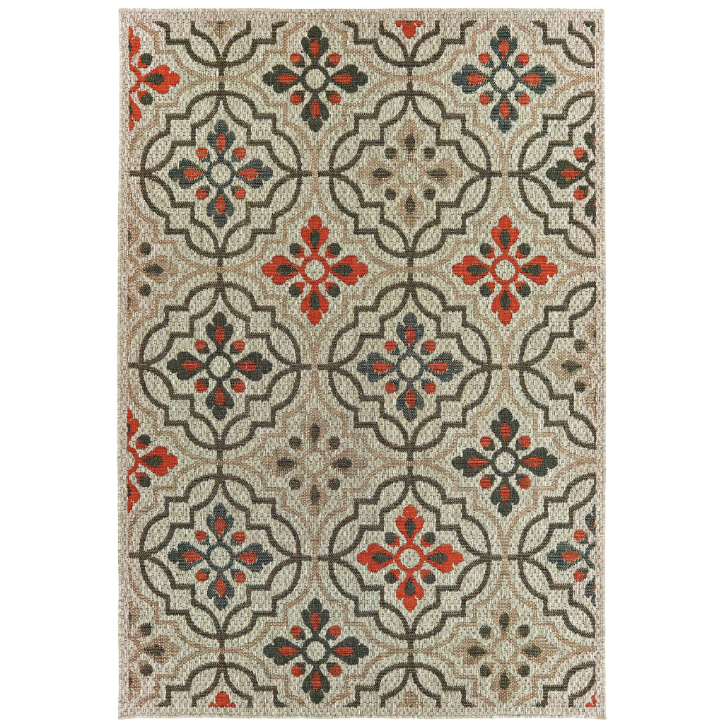 Oriental Weavers Latitude 709Y3 Grey/Orange Rectangle Indoor / Outdoor Area Rug - Stain Resistant Machine Made Patio Rug with Floral Pattern-