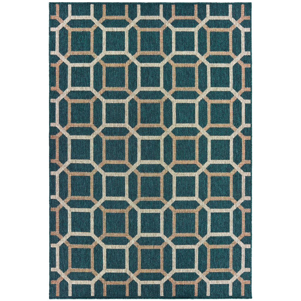 Oriental Weavers Latitude 806B3 Teal/Grey Rectangle Indoor / Outdoor Area Rug - Stain Resistant Machine Made Patio Rug with Geometric Pattern-