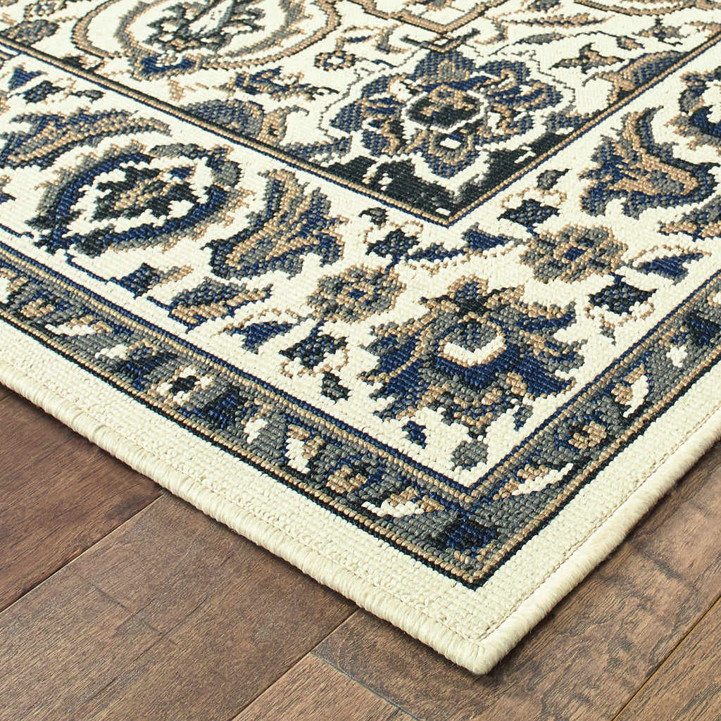 Oriental Weavers Marina 1248W Ivory/Navy Rectangle Indoor / Outdoor Runner - Stain Resistant Machine Made Entryway & Hallway Runner with Medallion Pattern-