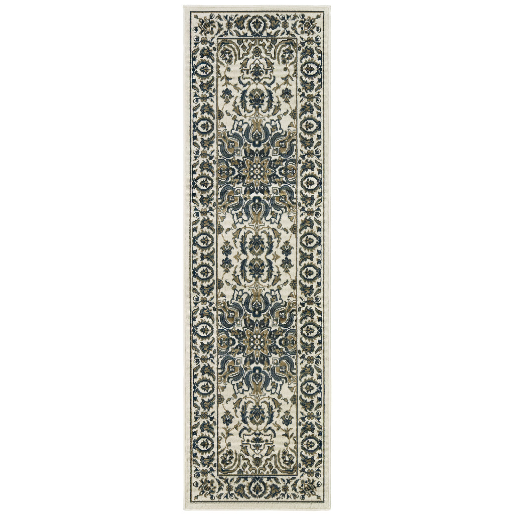 Oriental Weavers Marina 1248W Ivory/Navy Rectangle Indoor / Outdoor Runner - Stain Resistant Machine Made Entryway & Hallway Runner with Medallion Pattern-