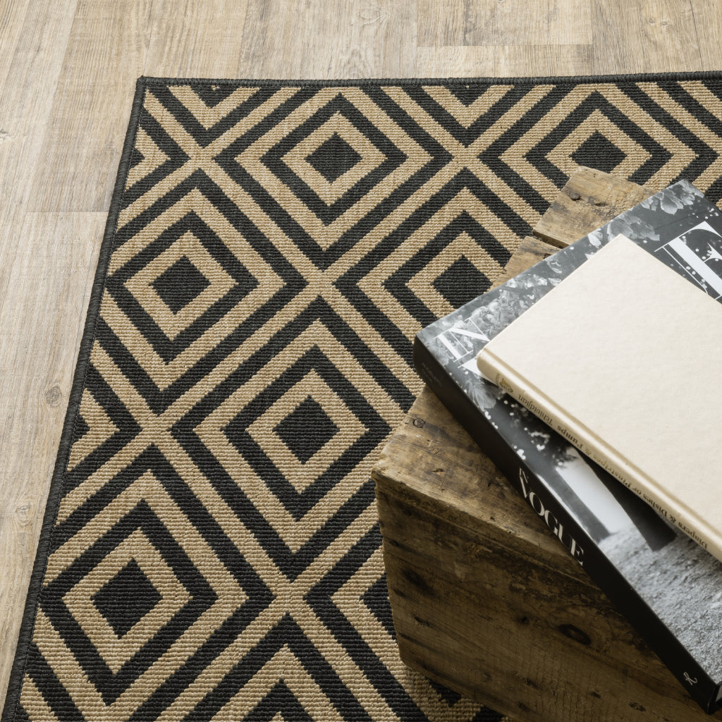 Oriental Weavers Marina 2335K Black/Tan Rectangle Indoor / Outdoor Runner - Stain Resistant Machine Made Entryway & Hallway Runner with Geometric Pattern-