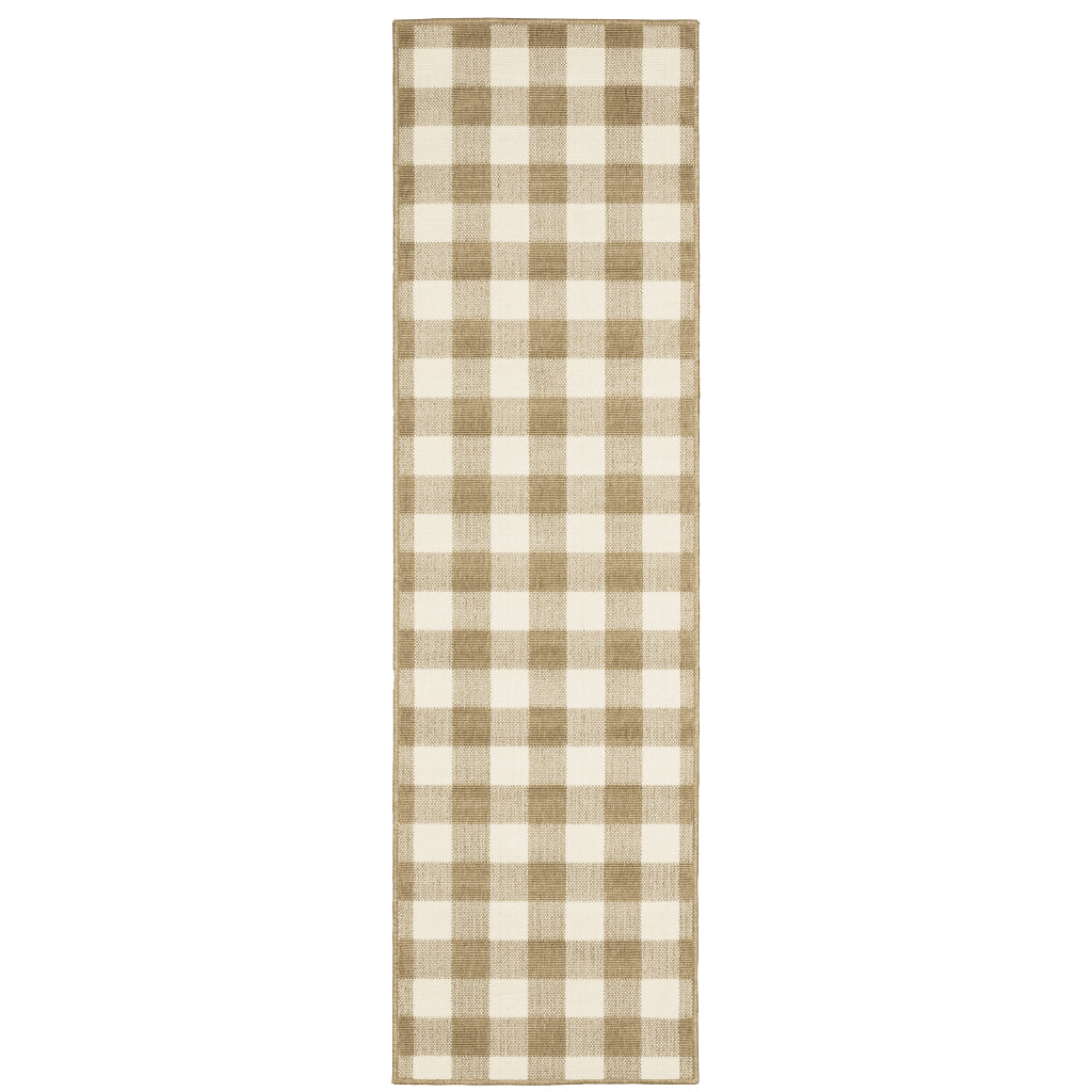 Oriental Weavers Marina 2598I Tan/Ivory Rectangle Indoor / Outdoor Runner - Stain Resistant Machine Made Entryway & Hallway Runner with Geometric Pattern-