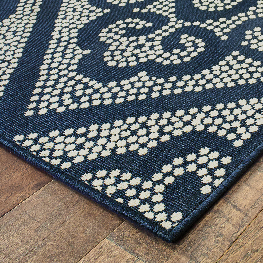 Oriental Weavers Marina 3804B Navy/Ivory Rectangle Indoor / Outdoor Runner - Stain Resistant Machine Made Entryway & Hallway Runner with Trellis Pattern-
