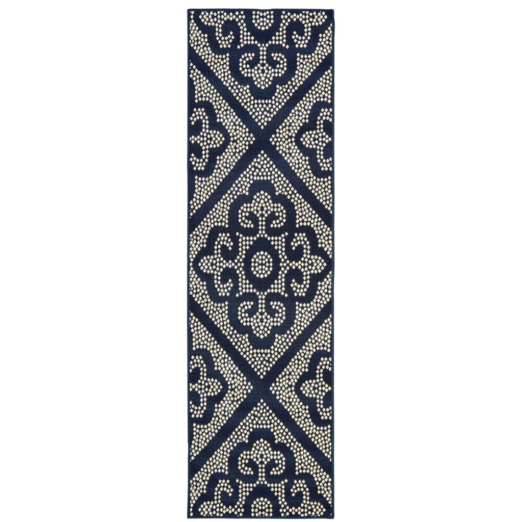 Oriental Weavers Marina 3804B Navy/Ivory Rectangle Indoor / Outdoor Runner - Stain Resistant Machine Made Entryway & Hallway Runner with Trellis Pattern-