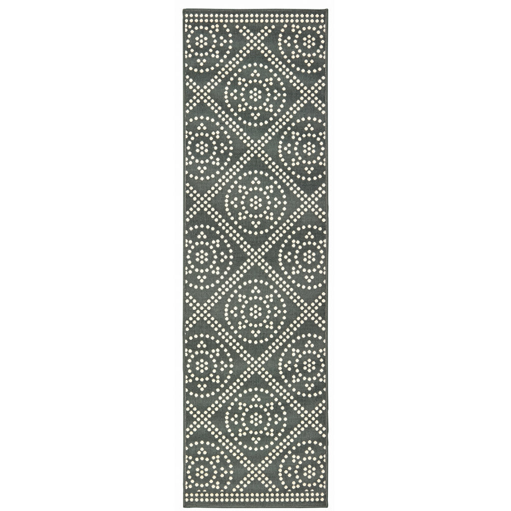 Oriental Weavers Marina 3969L Grey/Ivory Rectangle Indoor / Outdoor Runner - Stain Resistant Machine Made Entryway & Hallway Runner with Trellis Pattern-