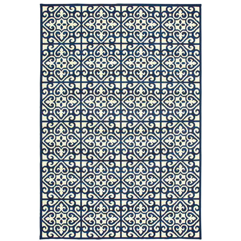 Oriental Weavers Marina 5927B Ivory/Navy Rectangle Indoor / Outdoor Area Rug - Stain Resistant Machine Made Patio Rug with Geometric Pattern-