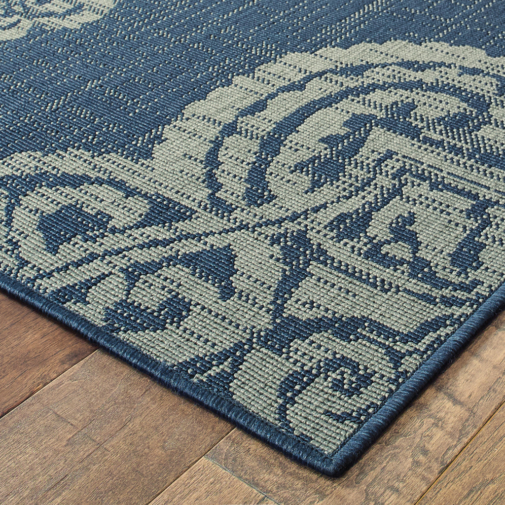 Oriental Weavers Marina 5929B Navy/Grey Rectangle Indoor / Outdoor Runner - Stain Resistant Machine Made Entryway & Hallway Runner with Medallion Pattern-