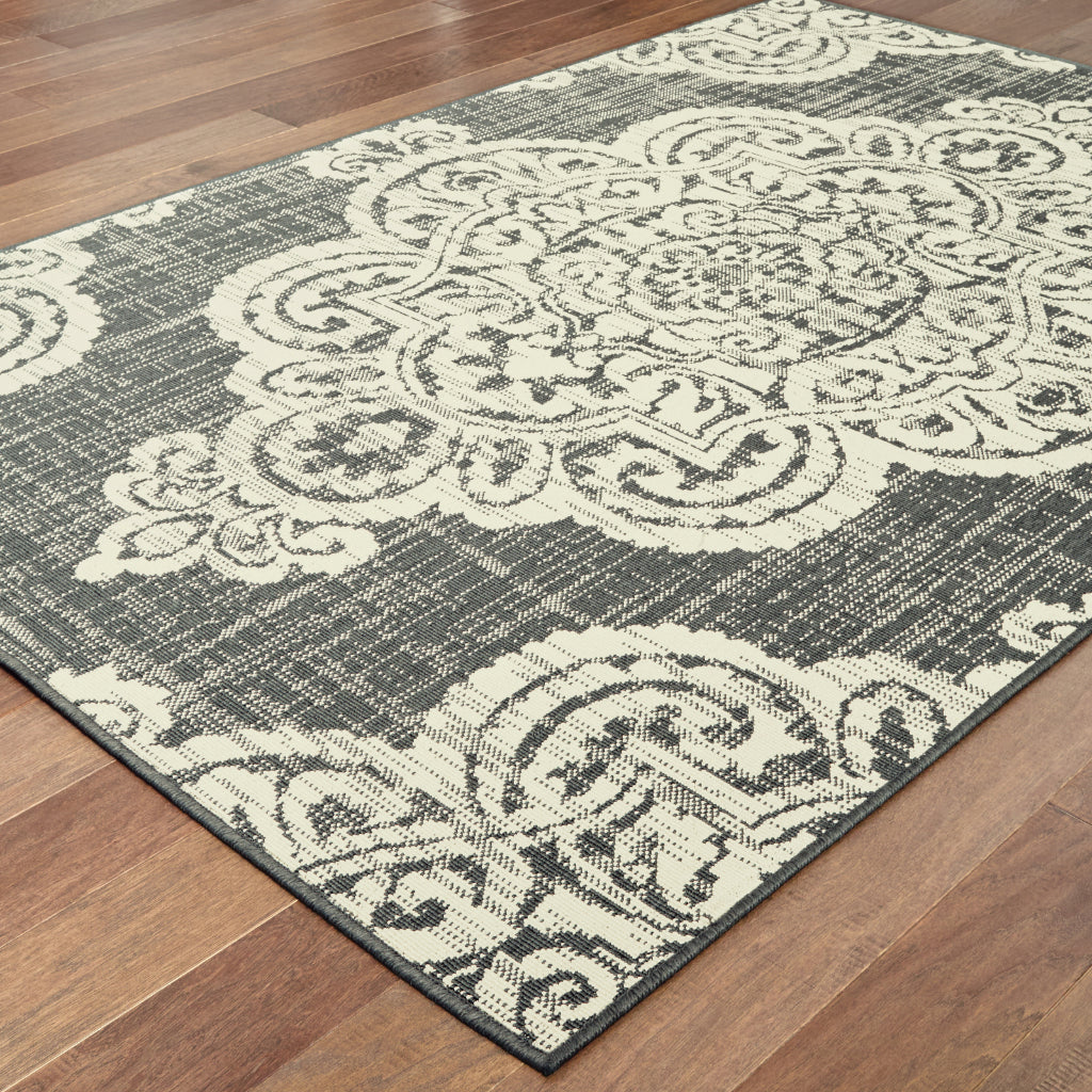 Oriental Weavers Marina 5929E Grey/Ivory Rectangle Indoor / Outdoor Area Rug - Stain Resistant Machine Made Patio Rug with Medallion Pattern-