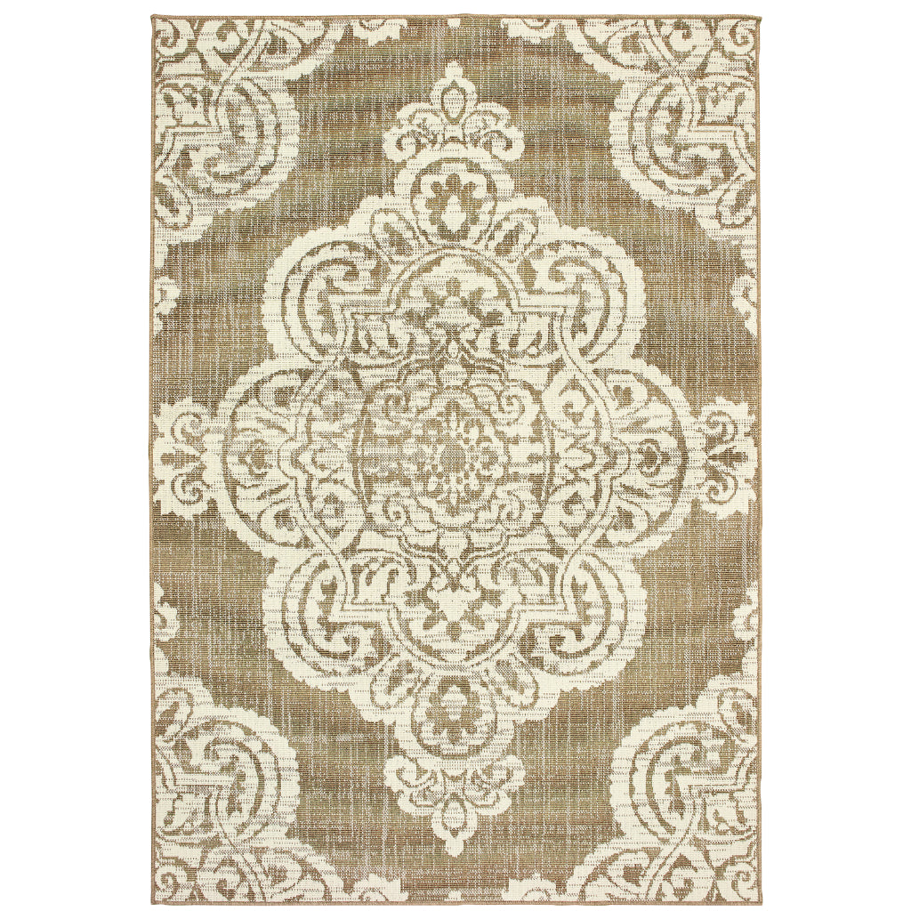 Oriental Weavers Marina 5929J Tan/Ivory Rectangle Indoor / Outdoor Area Rug - Stain Resistant Machine Made Patio Rug with Medallion Pattern-
