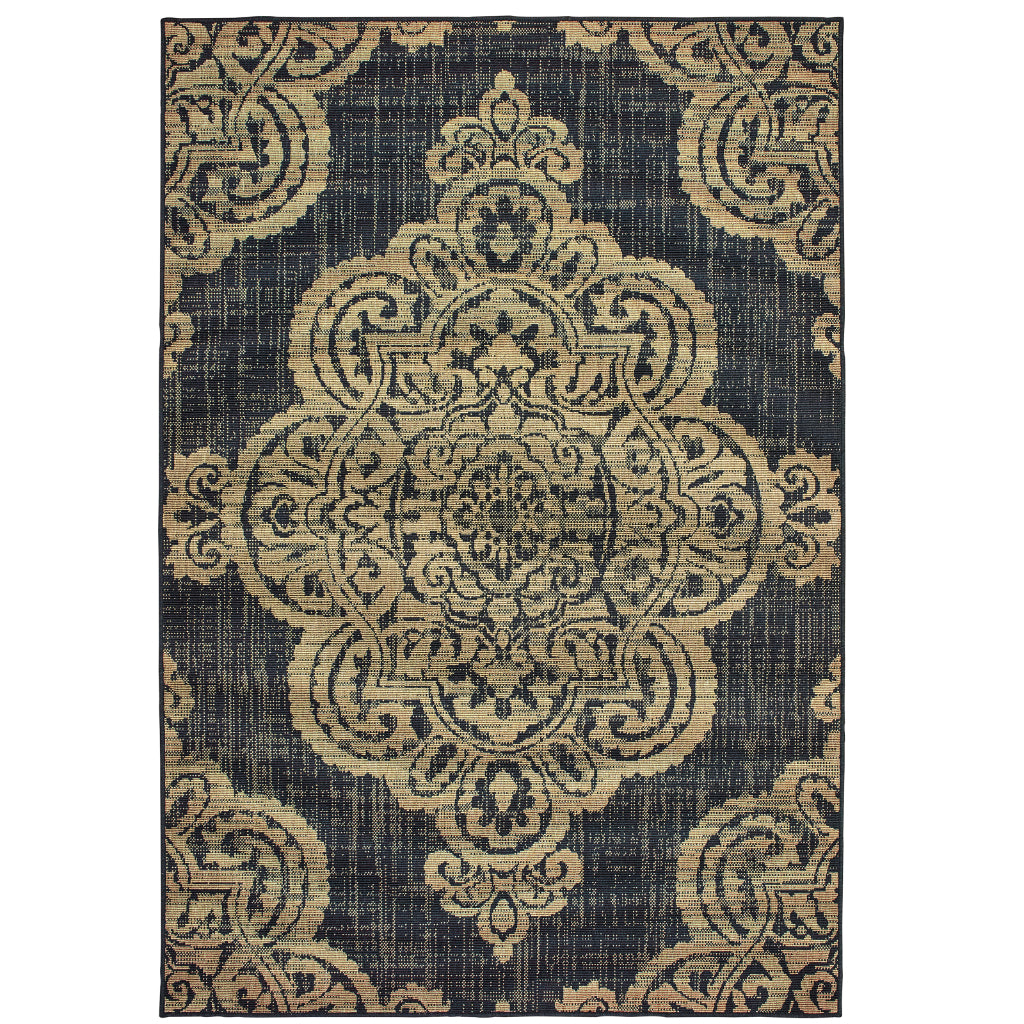 Oriental Weavers Marina 5929K Black/Tan Rectangle Indoor / Outdoor Area Rug - Stain Resistant Machine Made Patio Rug with Medallion Pattern-