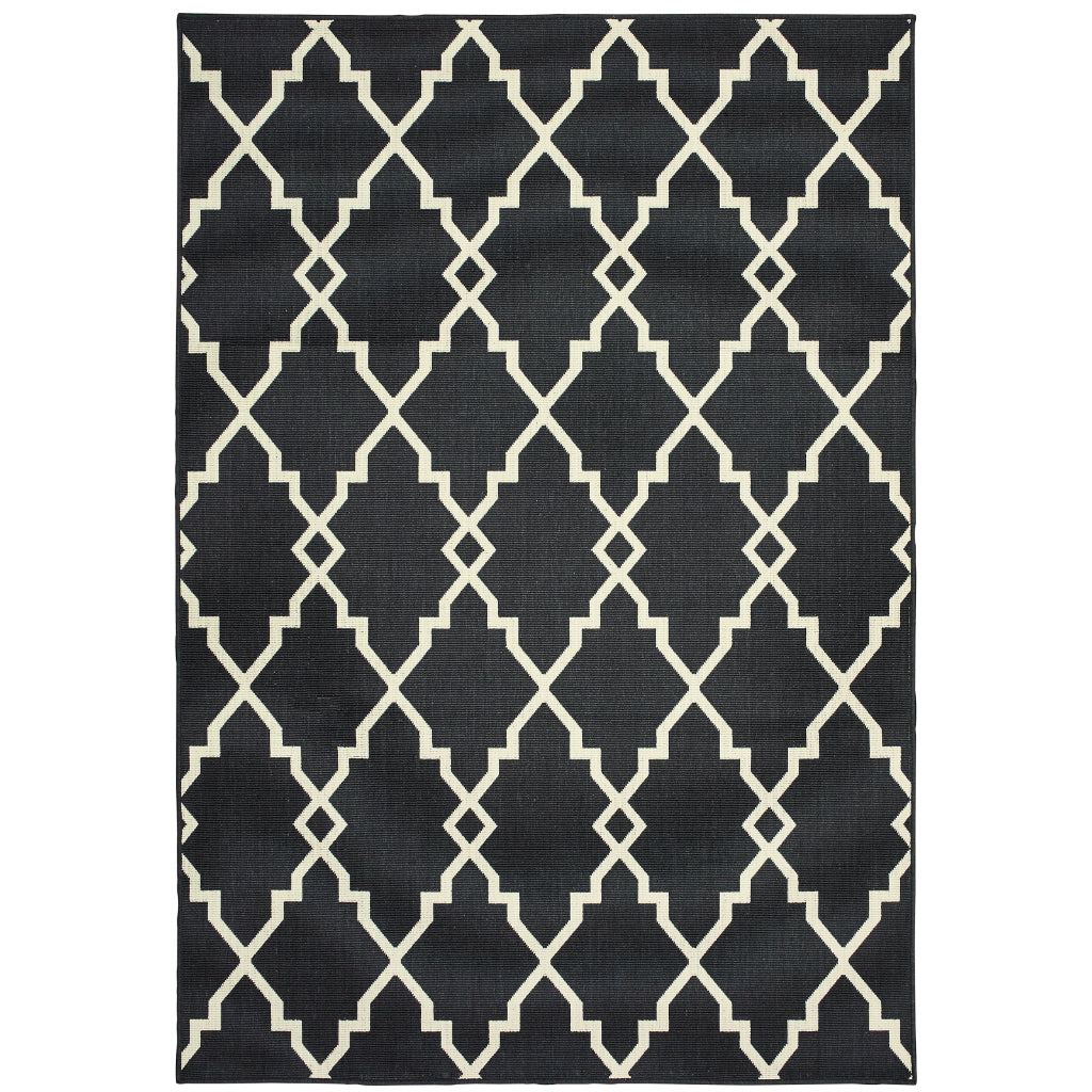 Oriental Weavers Marina 7763K Black/Ivory Rectangle Indoor / Outdoor Area Rug - Stain Resistant Machine Made Patio Rug with Geometric Pattern-